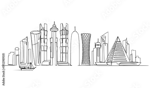 A minimalist line art illustration of a modern city skyline with skyscrapers