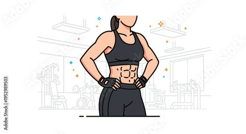 A confident female athlete showcasing her toned abs in a modern gym setting with minimalistic design