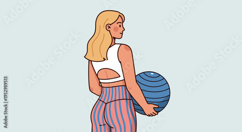 A young woman with long hair holds a blue exercise ball, featuring a modern, flat design style