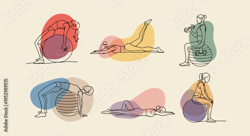 A collection of line art illustrations depicting various fitness exercises using a stability ball in a modern style