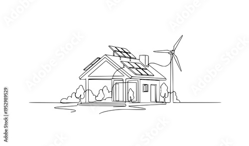 A simple line drawing of a house with solar panels and a wind turbine