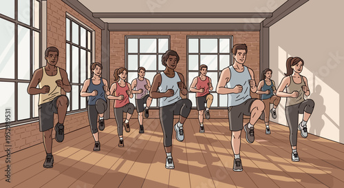 A group of diverse individuals engaged in a fitness class, illustrated in a modern, flat style, perfect for health and wellness themes