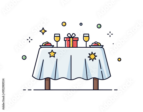 Tablecloth holiday celebration concept centered on a covered table with a small gift box and decorative star accents, symbolizing festive dinners and joyful