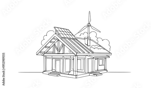 A line art illustration of a house with solar panels and a wind turbine