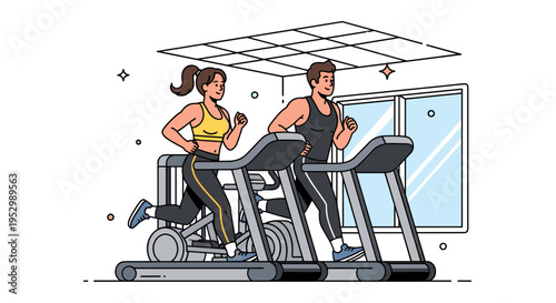 Two individuals exercising on treadmills in a modern gym setting, illustrated in a flat style
