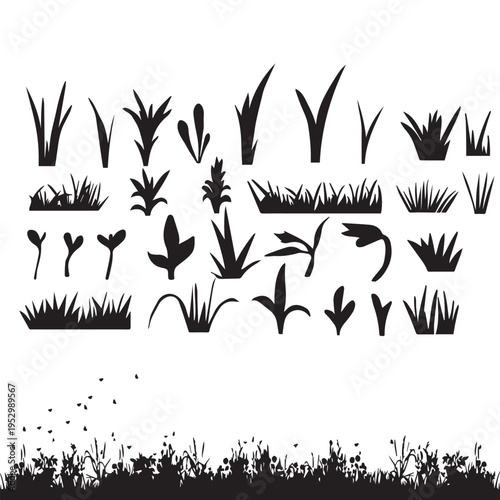 Hand-Drawn Grass and Rock Elements Vector Set for Nature-Themed Illustration Designs