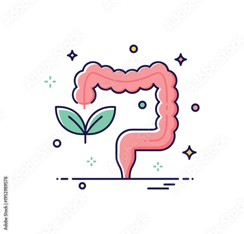 Gut health balance concept centered on a stylized intestine icon paired with a small leaf and sparkle accents, symbolizing wellness, microbiome harmony, and