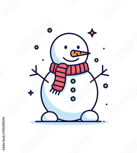 Cute snowman winter icon featuring a rounded three ball snowman with a textured scarf and carrot nose forming a friendly focal point, symbolizing simple