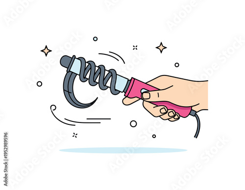 Curling wand styling method centered on a hand holding a wand tool with a neatly coiled hair strand forming a defined curl, symbolizing technique precision and