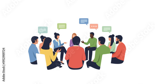 Diverse group of people sitting in a circle, discussing ideas with speech bubbles