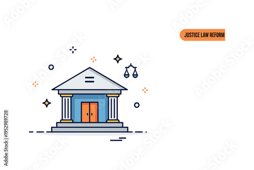 Justice and law reform idea featuring a simplified courthouse silhouette with a subtle equal sign accent above the entrance, expressing institutional fairness