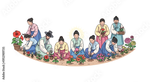 Traditional Korean Family Gardening in Hanbok, Planting Flowers