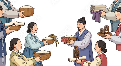 Korean Tradition: People in Hanbok exchanging rice, scrolls, and textiles