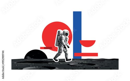 Black and white astronaut stepping onto the lunar surface with one boot touching the ground, oversized red geometric circle behind like a symbolic distant sun,