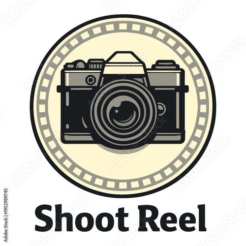 Vintage camera logo design with a classic film camera icon inside a circular badge frame perfect for photography branding and creative projects