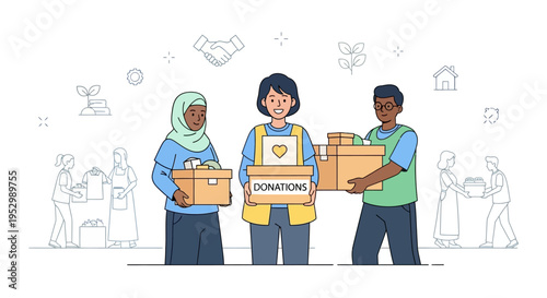 Diverse volunteers carrying donation boxes, community support, charity work, helping hands