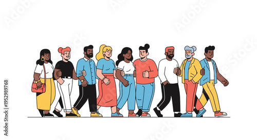 Diverse group of people walking together, illustration, community, unity