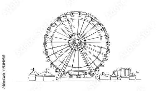 A minimalist line art illustration of a Ferris wheel at an amusement park