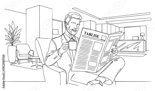 A man in a suit reads a newspaper while enjoying a cup of coffee in a modern office lobby with a minimalist design