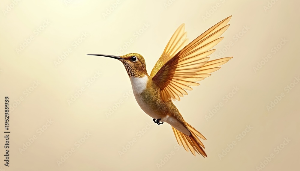 Obraz premium Golden hummingbird hovering mid-air. Tiny bird with iridescent feathers and transparent wings appears delicate and swift. Symbolizes nature, magic and precious moments.