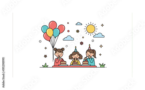 Outdoor kids birthday picnic with balloons tied to a small table and children enjoying cake slices under a bright sun symbolizing carefree childhood memories.