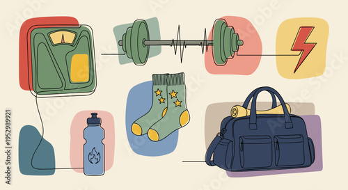 A colorful illustration featuring fitness-related items including a scale, weights, water bottle, and gym bag in a modern style