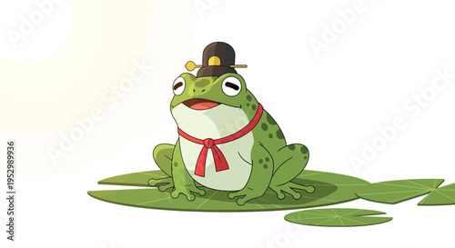 Cute cartoon frog wearing a traditional hat and scarf, sitting on lily pads