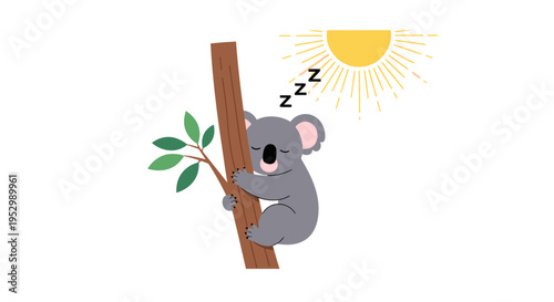 Sleeping Koala on Tree Branch Under Sunny Sky, Cute Animal Illustration