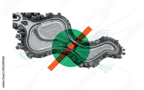 black and white aerial view of soft curved hills, bright mustard yellow semicircle behind central slope symbolizing sunlight, flat geometric blocks arranged