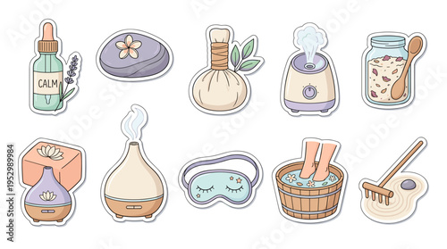 Spa and wellness products icons with soap, lotion, and bath items