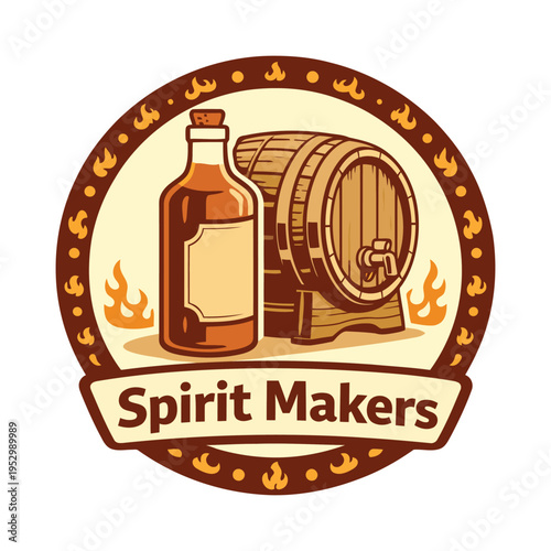 Vintage logo design featuring a bottle and wooden barrel for distillery or spirit makers business isolated illustration