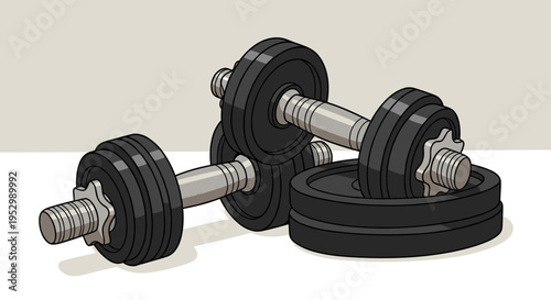 A pair of black dumbbells with metallic handles in a minimalist style, ideal for fitness and gym-related themes