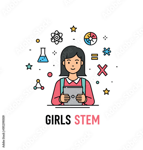 Girls in STEM empowerment featuring a confident young student holding a tablet with science and math symbols around her representing equality and opportunity
