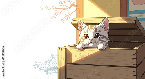 Cute Pixel Art Cat Peeking Out of Wooden Crate, Sunlight, Cherry Blossoms