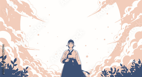 Korean woman in hanbok, moonlit night, traditional culture, vintage style illustration