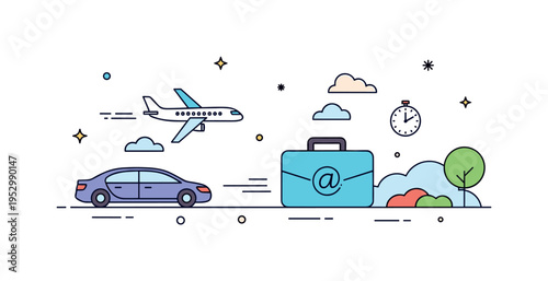 Business trip airport commute featuring a sleek car, briefcase symbol, and a minimal airplane icon above the horizon. The visual metaphor highlights