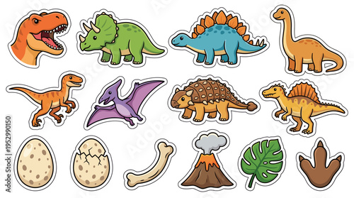 Colorful cartoon dinosaurs and prehistoric items