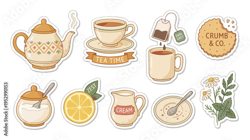 Vintage tea time stickers with teapot, cup, lemon, and sweet treats