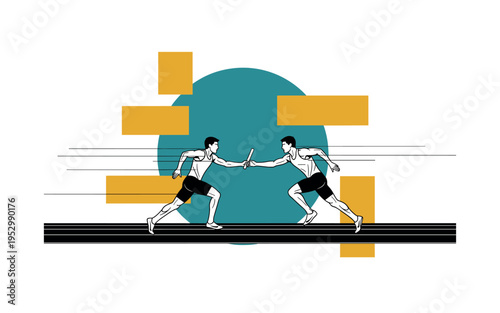 minimalist monochrome baton exchange between relay runners on track, contrasted by bold teal circular backdrop and mustard yellow rectangular shapes, thin