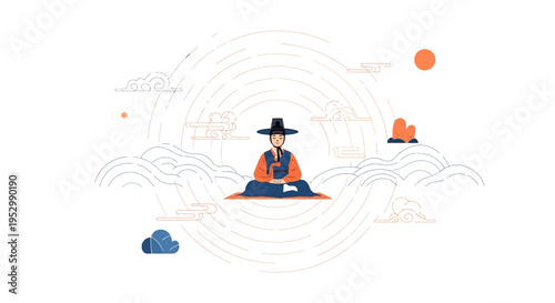Korean man meditating in traditional clothing, serene atmosphere, cultural illustration
