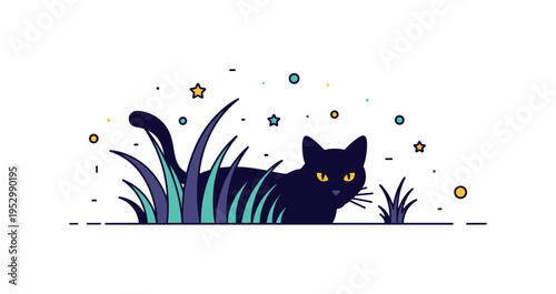 Silent stalkers nocturnal predator concept featuring a sleek cat silhouette with glowing eyes partially hidden behind tall grass, expressing tension, stealth