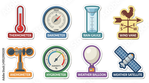 Colorful weather icons with thermometers and gauges