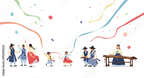 Korean traditional dance and music festival with colorful ribbons