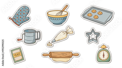 Colorful cartoon baking icons including oven mitts and utensils