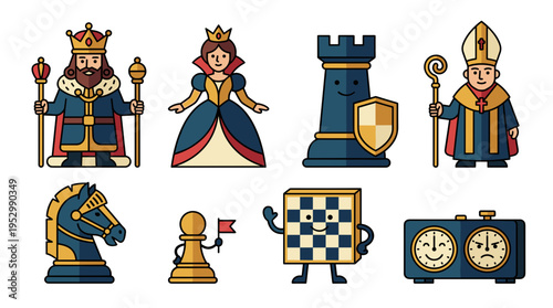 Colorful cartoon chess pieces and clock