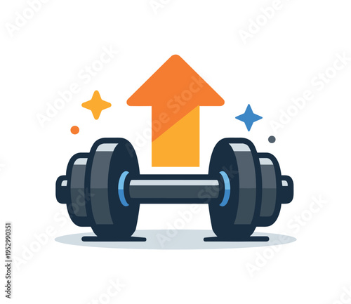 Strength training workout focused on building muscle and confidence through a compact scene of a dumbbell paired with a subtle upward arrow, communicating