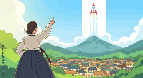 Woman in Hanbok points to rocket launching over Korean village and mountain