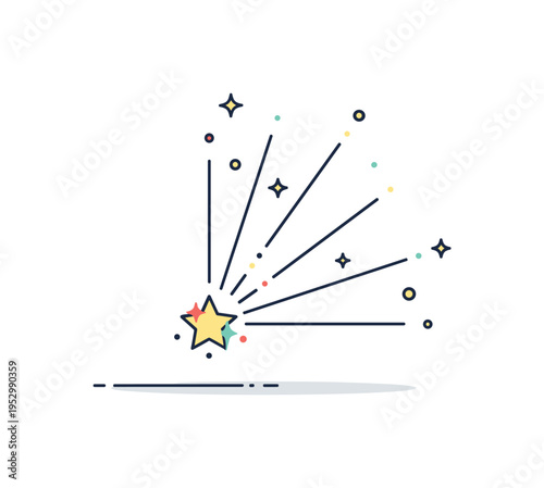 Stellar radiation beams soft linear rays extending from a central star shape with small dotted accents, representing outward cosmic influence and radiant