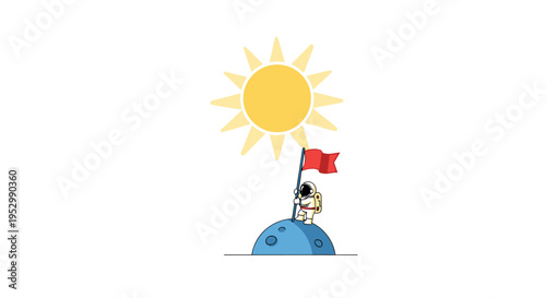 Astronaut plants flag on moon with sun in background, space exploration concept