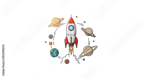 Cartoon rocket ship launching among planets and stars in outer space